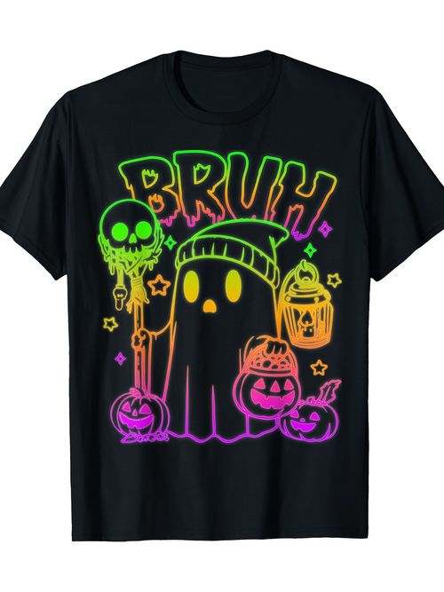 Men's Graphic T-Shirt Bruh Neon Halloween Pumpkins With Funny Ghost And Glowing Lantern
