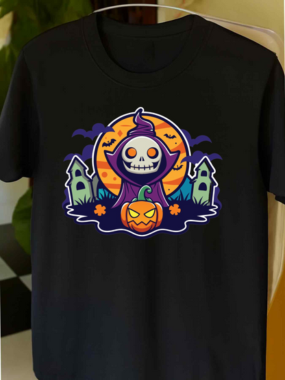 Men's Graphic T-Shirt Dark Night With Haunted Houses Glowing Pumpkins Under Full Moon Skeleton Reaper