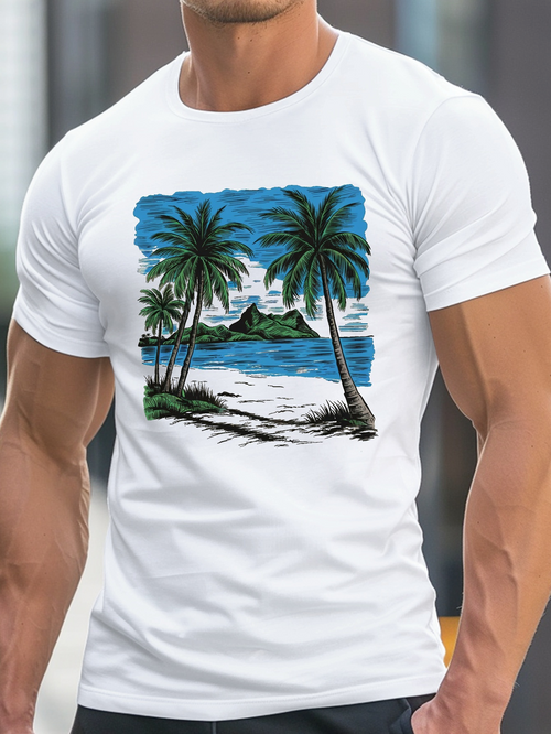 Men's Graphic T-Shirt Tropical Blue Skies With Swaying Palms By Peaceful Island Beach