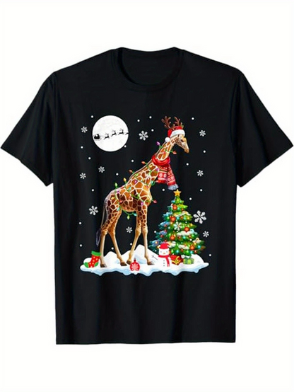 Men's Graphic T-Shirt Festive Giraffe Among Christmas Tree Presents And Snow Under Full Moon
