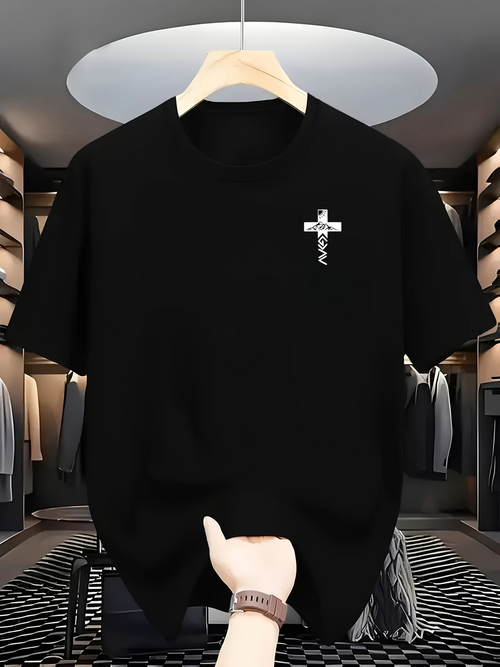 Men's Graphic T-Shirt Minimal Cross Symbol With Letters Vertical Center On Black Shirt