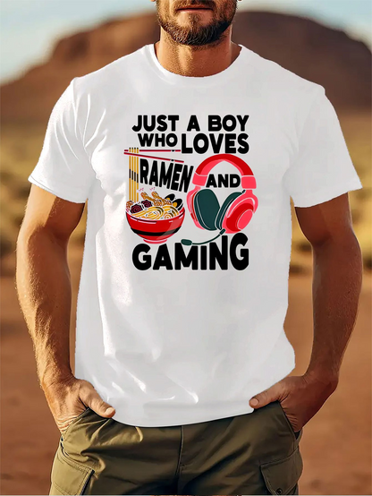 Men's Graphic T-Shirt Just A Boy Who Loves Ramen And Headphones Among Gaming Icons