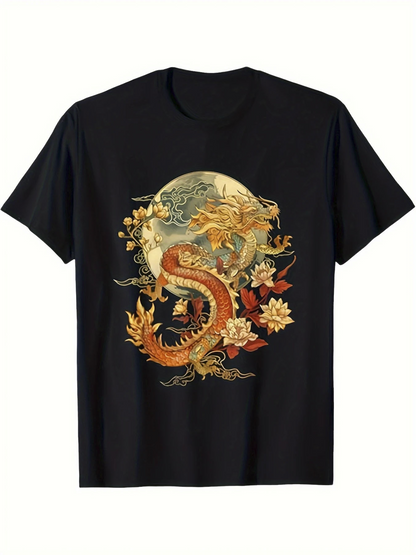 Men's Graphic T-Shirt Vibrant Golden Scales Among Fiery Clouds And Ancient Blossoms Dragon