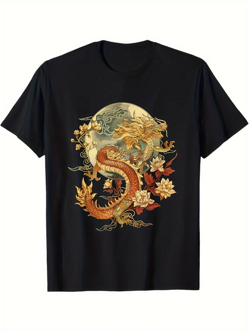 Men's Graphic T-Shirt Vibrant Golden Scales Among Fiery Clouds And Ancient Blossoms Dragon