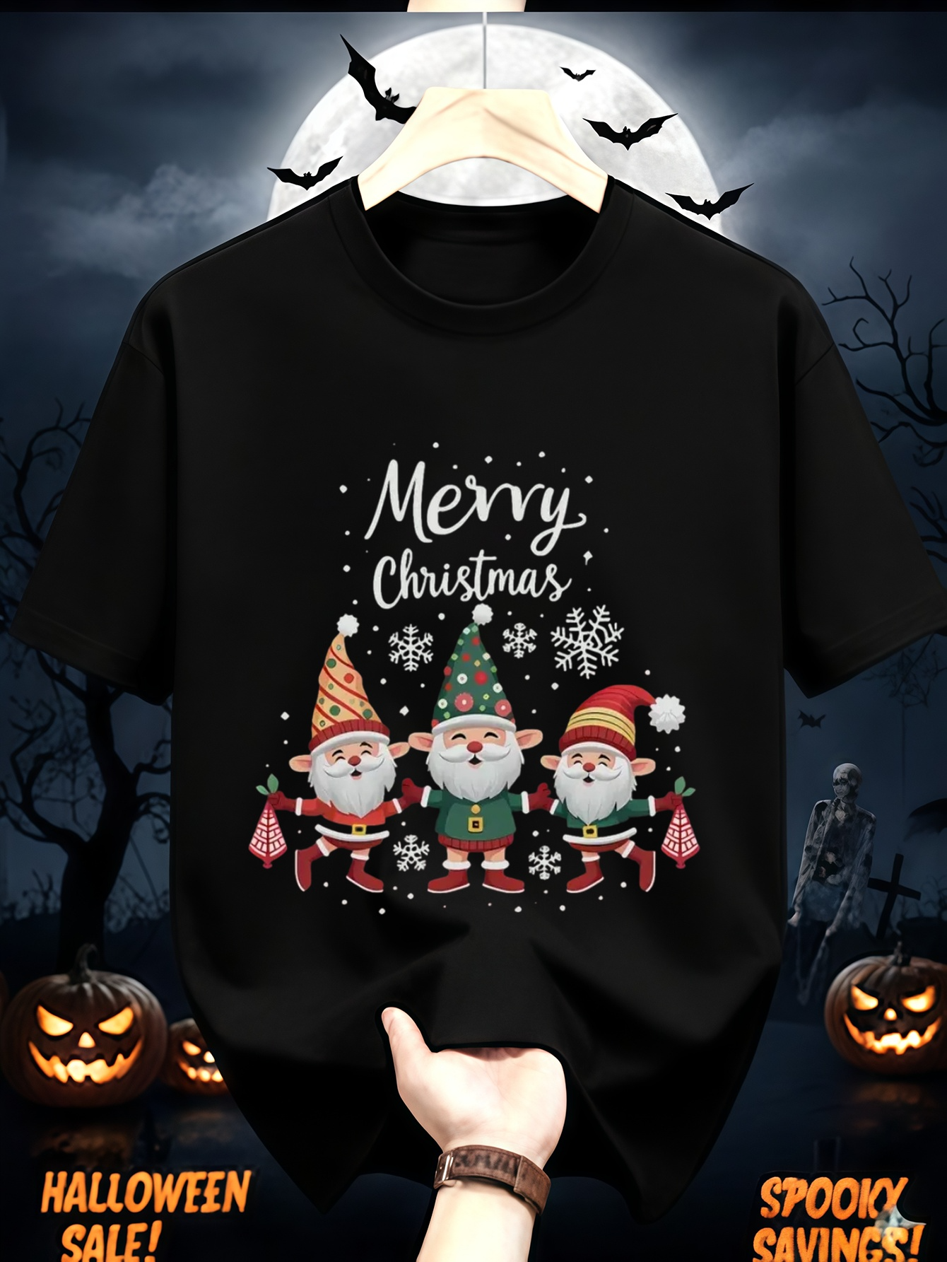 Men's Graphic T-Shirt Merry Christmas Colorful Festive Winter Scene With Three Cartoon Gnomes