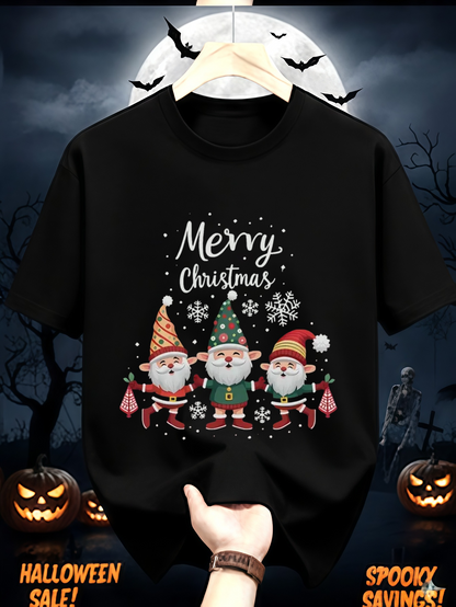 Men's Graphic T-Shirt Merry Christmas Colorful Festive Winter Scene With Three Cartoon Gnomes