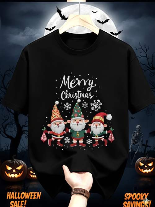 Men's Graphic T-Shirt Merry Christmas Colorful Festive Winter Scene With Three Cartoon Gnomes
