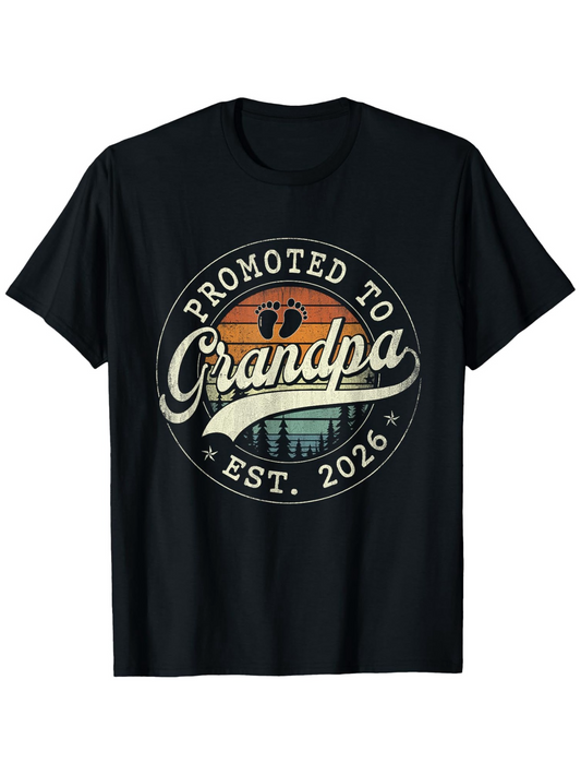Men's Graphic T-Shirt Promoted To Grandpa Vintage Colored Sunset With Baby Footprints And Skyline