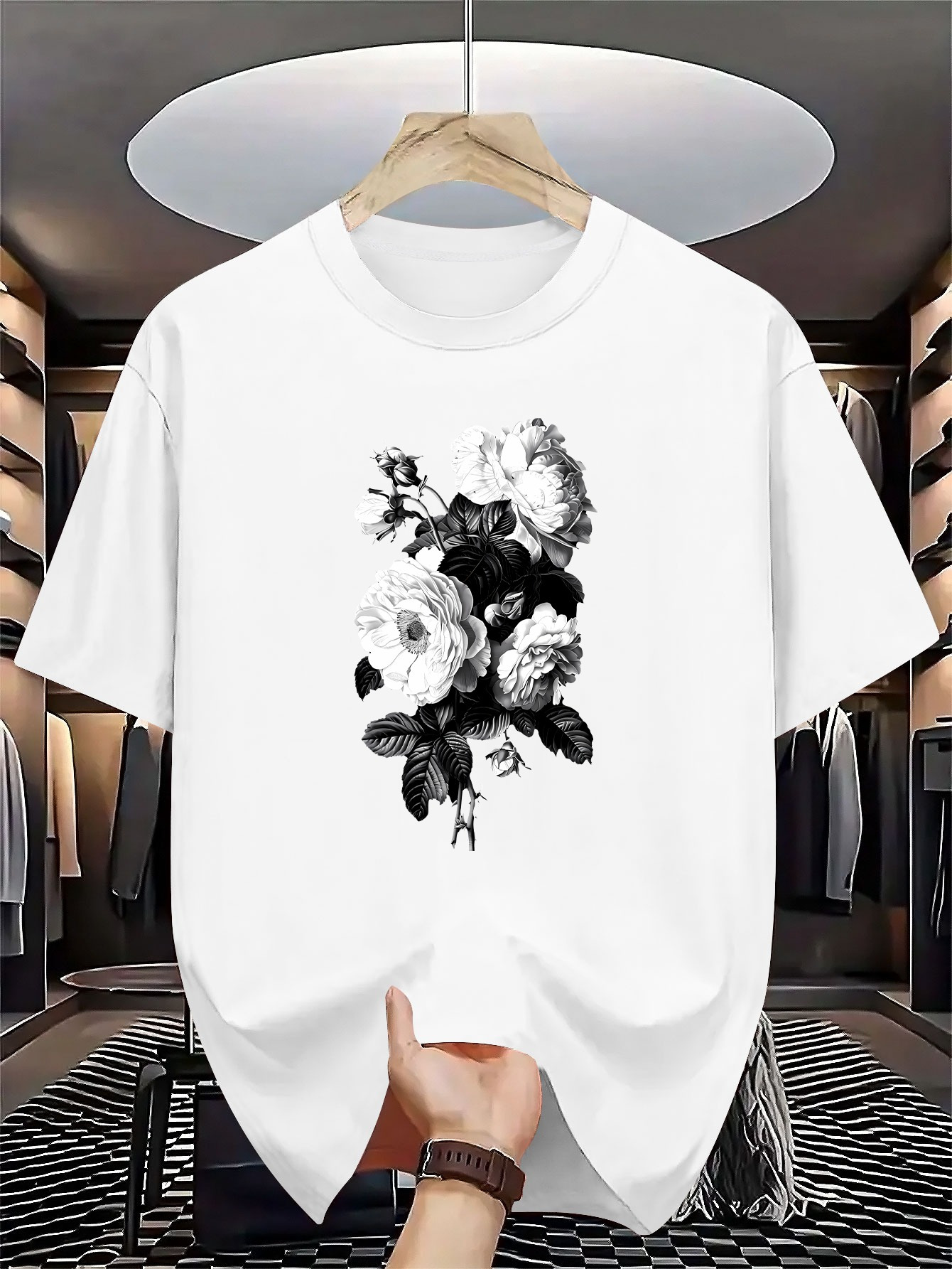 Men's Graphic T-Shirt Vintage Hand Drawn Roses With Soft Shadows And Detailed Blossoms Flower