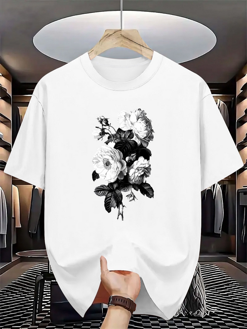 Men's Graphic T-Shirt Vintage Hand Drawn Roses With Soft Shadows And Detailed Blossoms Flower