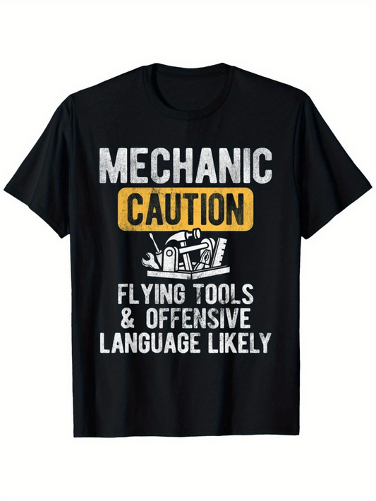 Men's Graphic T-Shirt Mechanic Caution Warning With Tools And Wording Surrounded By Signs