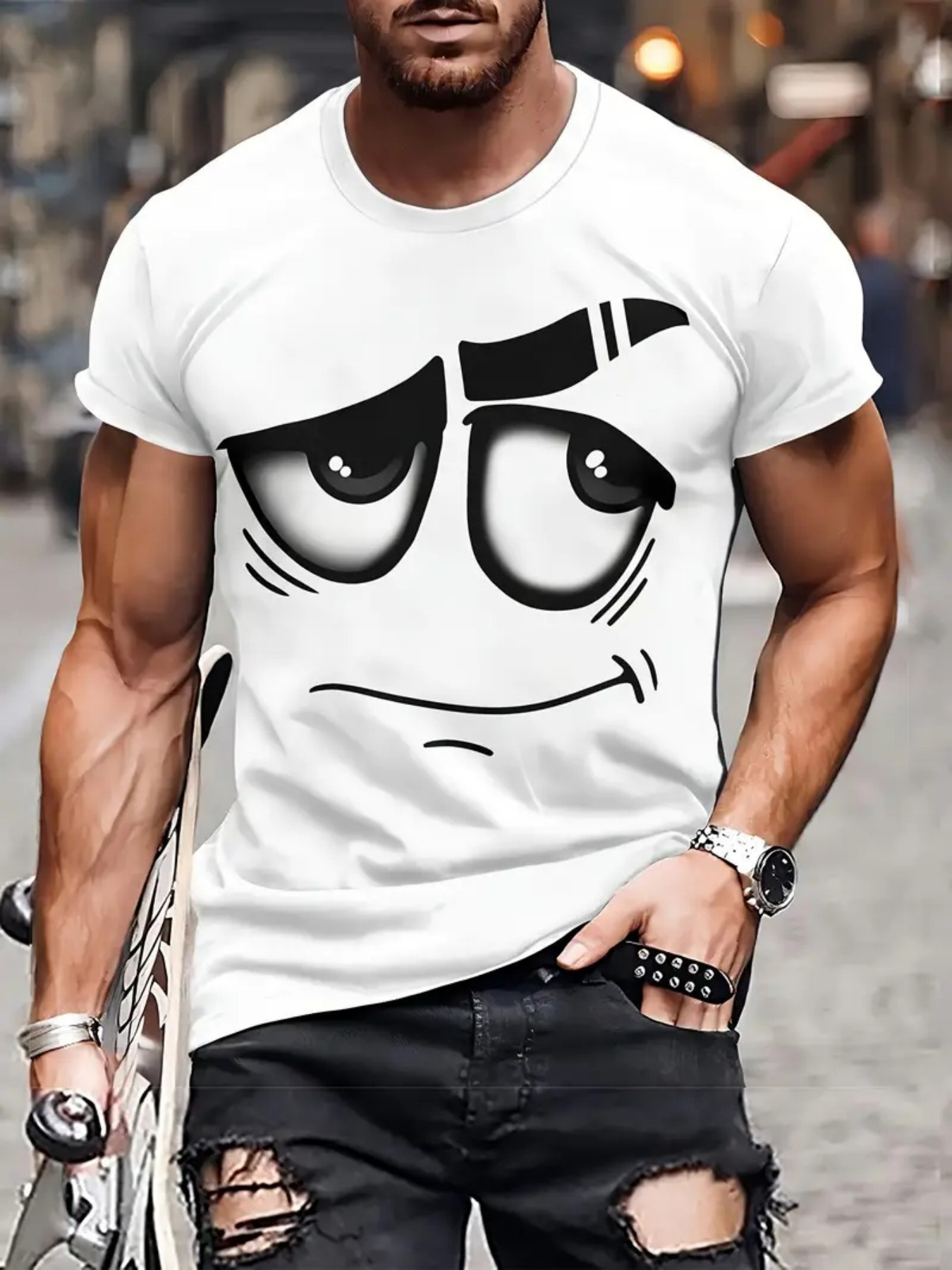 Men's Graphic T-Shirt Playful Cartoon Face With Bold Black Lines And Expressive Eyes