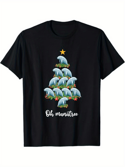 Men's Graphic T-Shirt Oh Manatee Christmas Tree With Whimsical Animals Stacked Under Festive Star