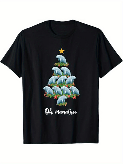Men's Graphic T-Shirt Oh Manatee Christmas Tree With Whimsical Animals Stacked Under Festive Star