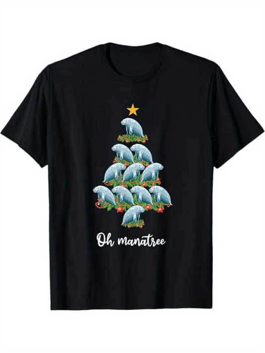 Men's Graphic T-Shirt Oh Manatee Christmas Tree With Whimsical Animals Stacked Under Festive Star