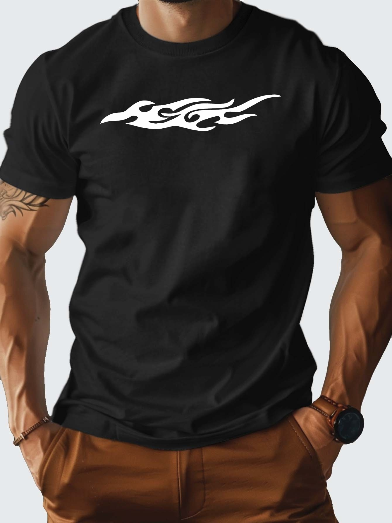 Men's Graphic T-Shirt White Tribal Flames Flowing Across Black Cotton T Shirt
