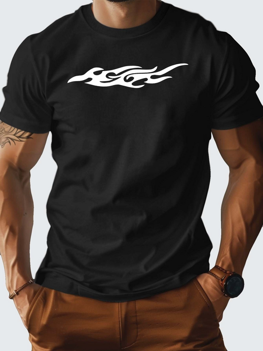 Men's Graphic T-Shirt White Tribal Flames Flowing Across Black Cotton T Shirt