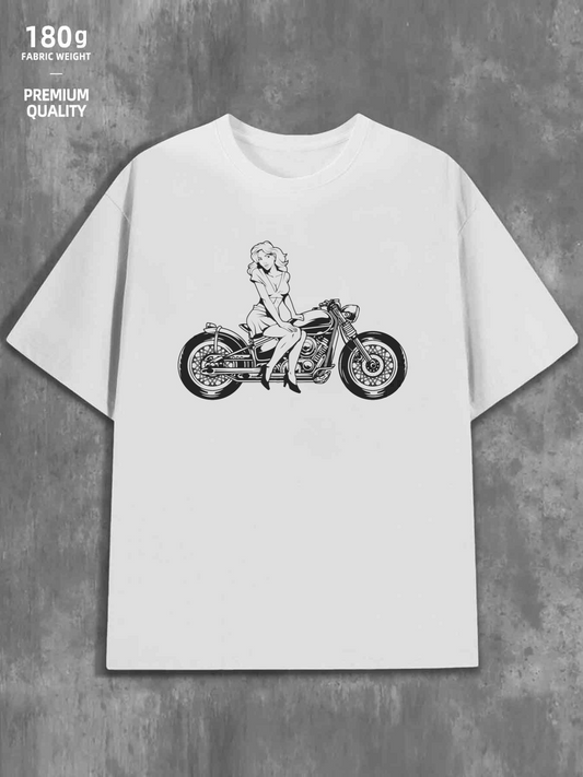 Men's Graphic T-Shirt Monochrome Sketch With Woman Sitting On Classic Vintage Motorcycle
