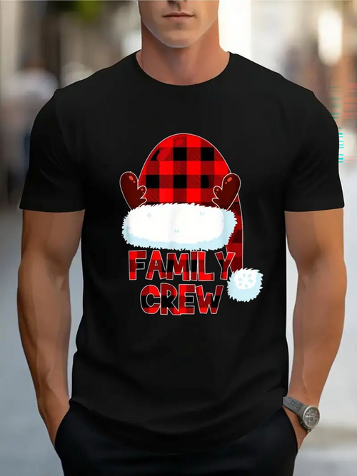 Men's Graphic T-Shirt Family Crew Plaid Christmas Hat And Festive Reindeer Decoration Gnome