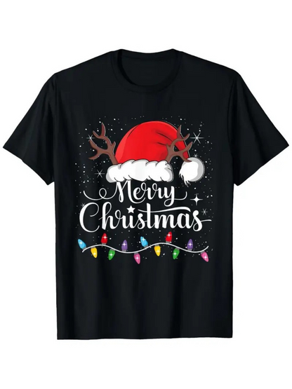 Men's Graphic T-Shirt Merry Christmas Red Santa Hat With Colorful Festive Holiday Reindeer