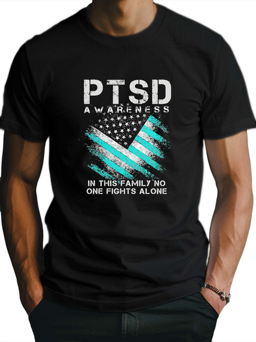 Men's Graphic T-Shirt PTSD Awareness Distressed Flag Design With Teal Accents Showing Support