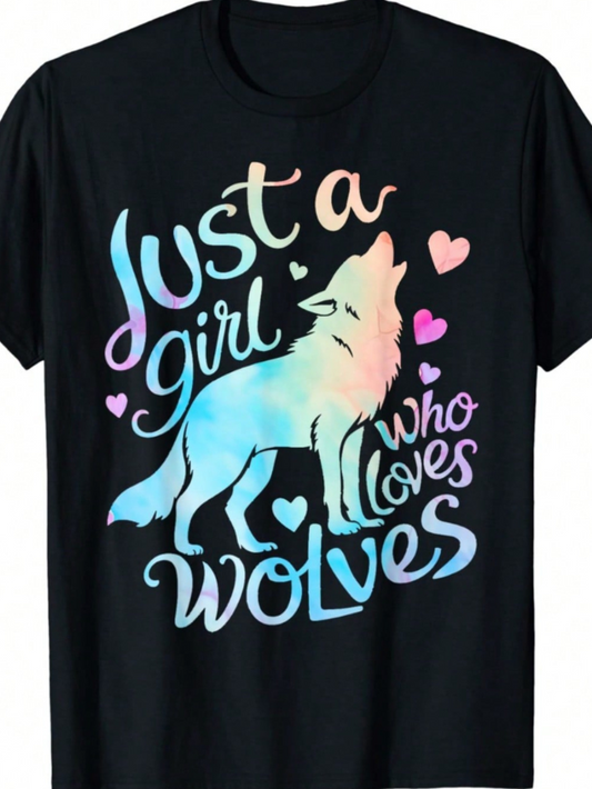 Men's Graphic T-Shirt Just A Girl With Colorful Hearts Howling Wolves
