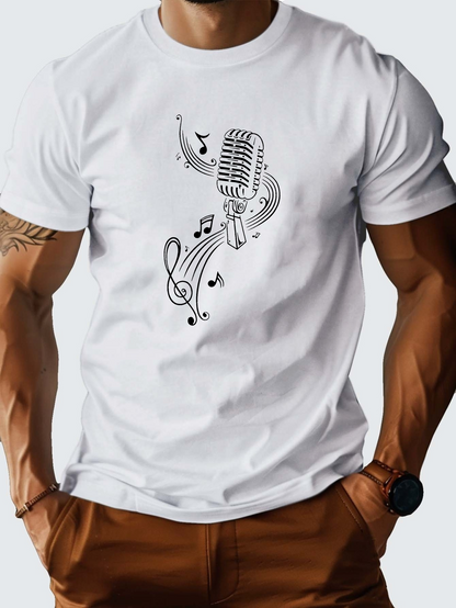 Men's Graphic T-Shirt Vintage Style Musical Notes With Flowing Art And Classic Microphone