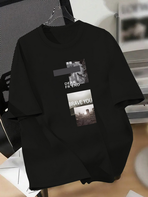 Men's Graphic T-Shirt Dramatic Grayscale Landscape Photography With Urban Cityscape View