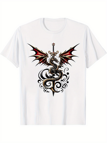 Men's Graphic T-Shirt Baroque Swirls And Sword Under Ferocious Winged Dragon