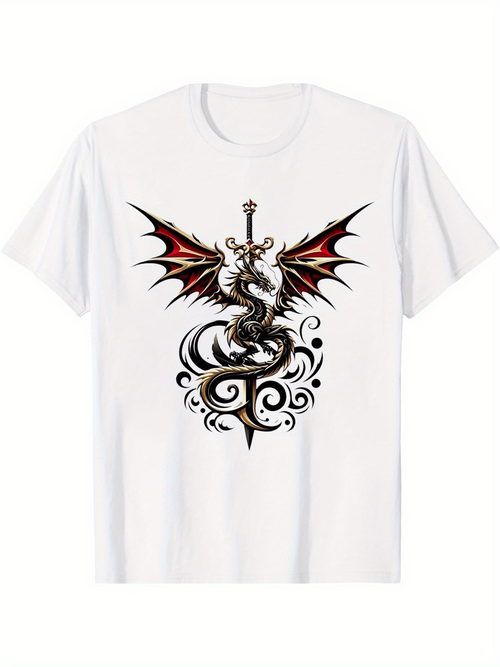 Men's Graphic T-Shirt Baroque Swirls And Sword Under Ferocious Winged Dragon