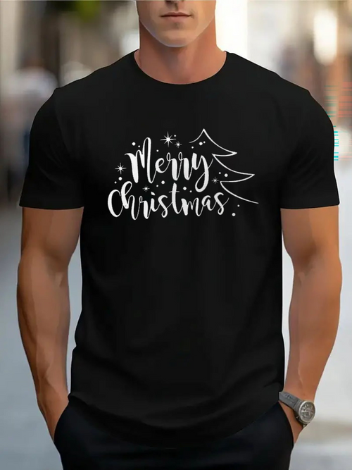 Men's Graphic T-Shirt Merry Christmas Handwritten Style With Sparkling Star Christmas Tree