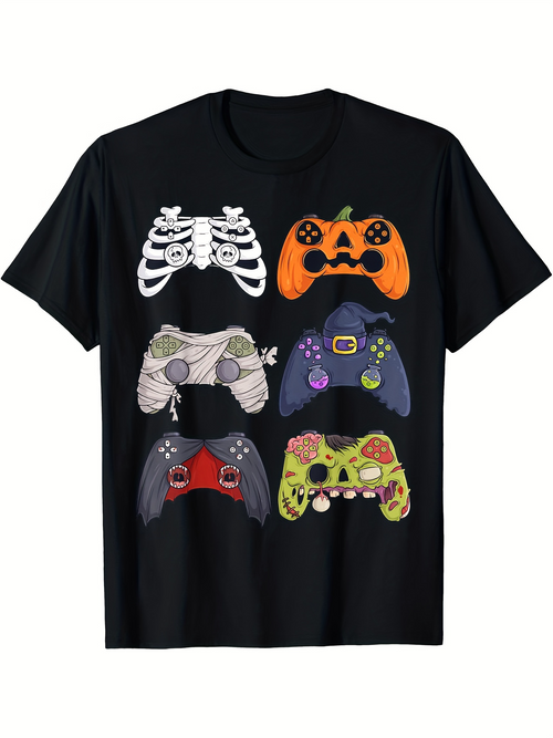 Men's Graphic T-Shirt Colorful Halloween Patterned Controllers Among Playful Spooky Designs Gamepad