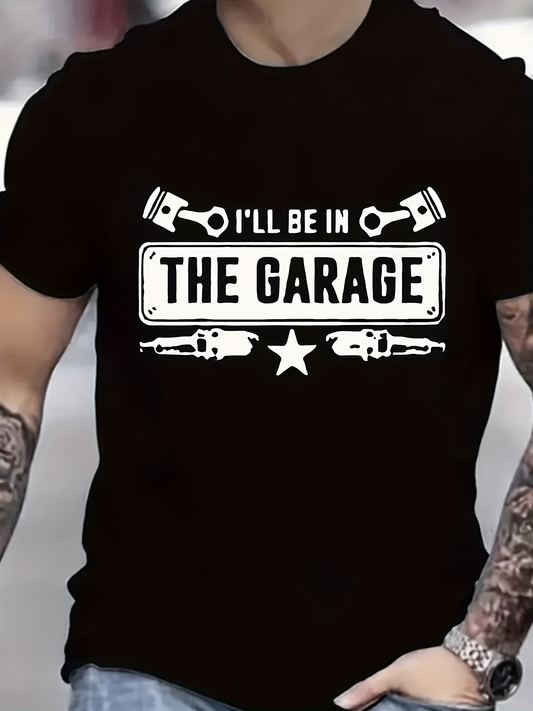 Men's Graphic T-Shirt Ill Be In The Garage With Pistons Wrenches And Classic License Plate Star