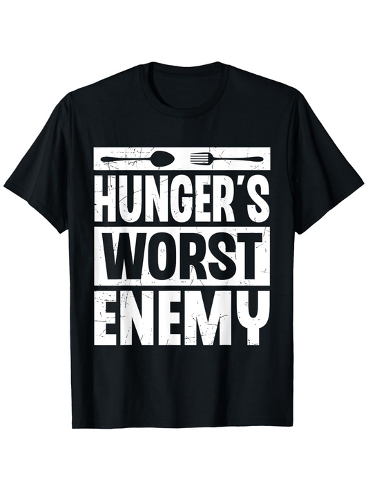 Men's Graphic T-Shirt Hungers Worst Enemy Bold White Text With Spoon And Fork Utensil Motif Shirt