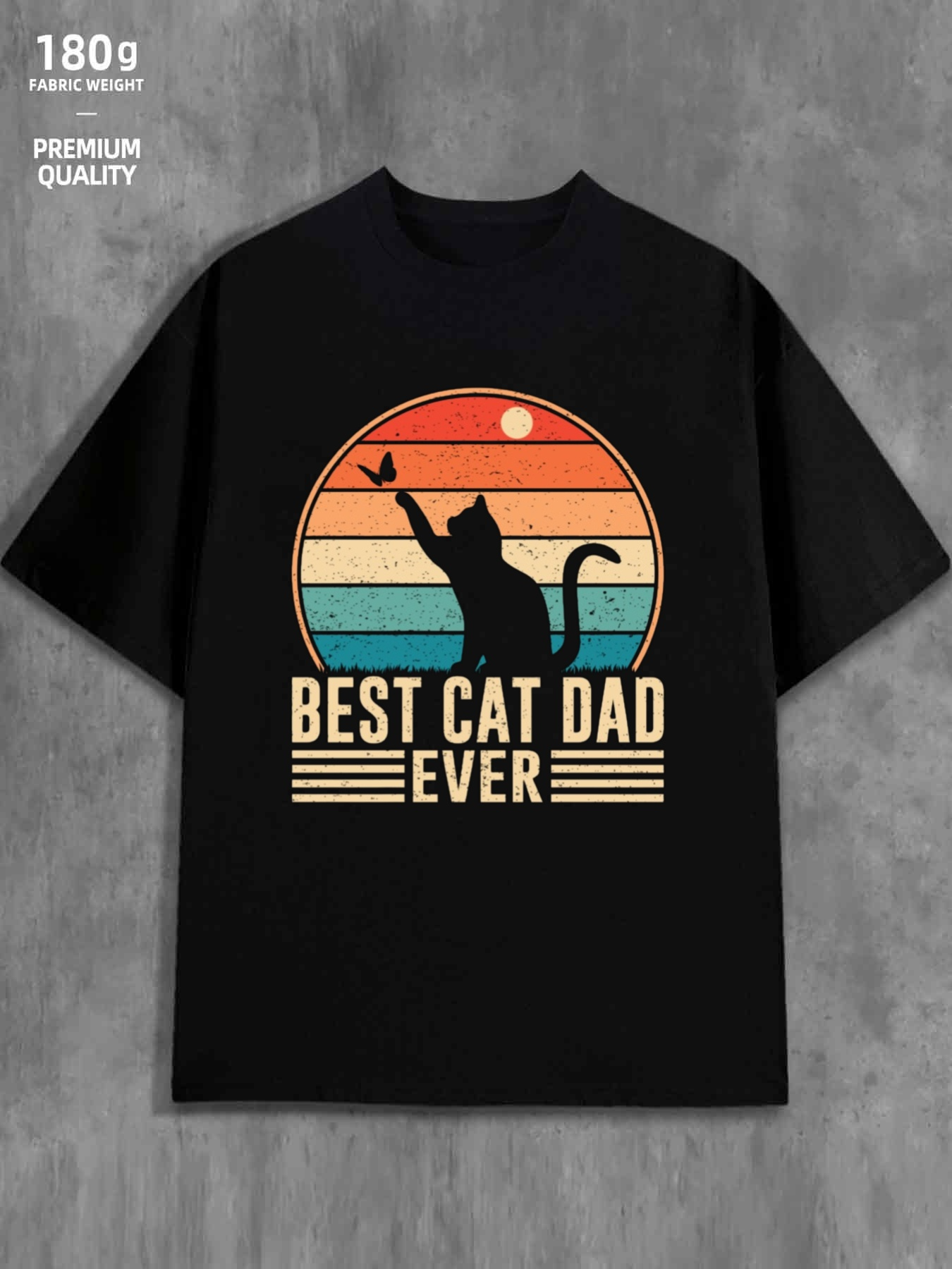 Men's Graphic T-Shirt Best Cat Dad Ever Vintage Sunset With Silhouette And Butterfly Cat