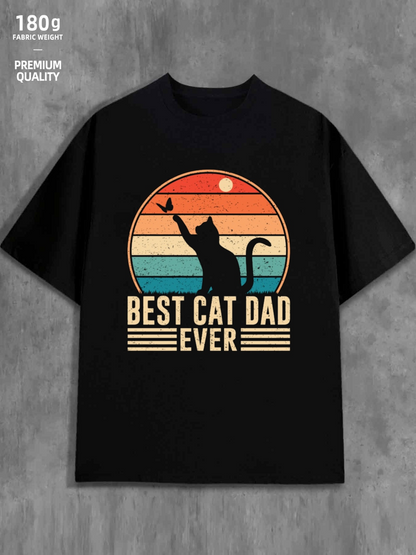 Men's Graphic T-Shirt Best Cat Dad Ever Vintage Sunset With Silhouette And Butterfly Cat