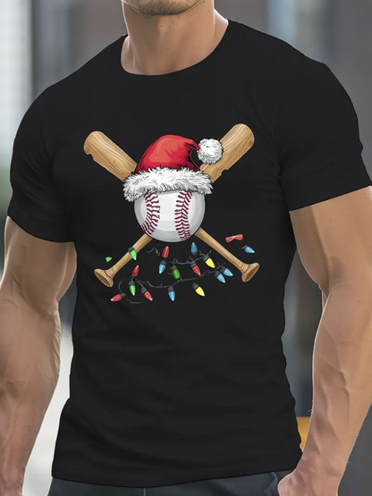 Men's Graphic T-Shirt Festive Christmas Lights With Santa Hat And Baseball Bats Baseball
