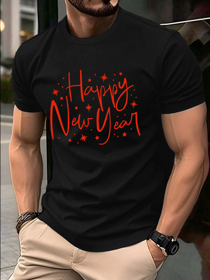 Men's Graphic T-Shirt Happy New Year Festive Red Script Surrounded By Decorative Shining Stars Typography