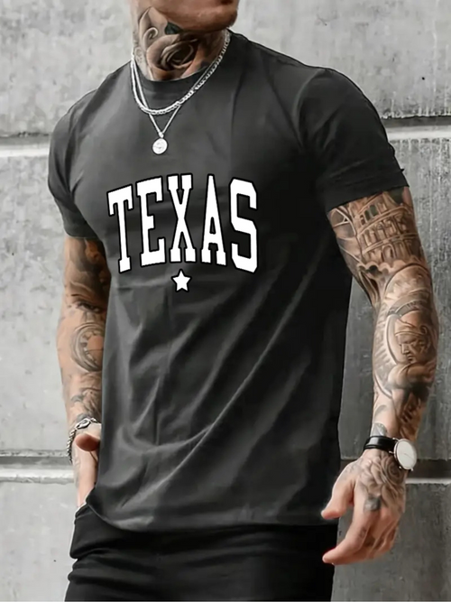 Men's Graphic T-Shirt Texas Bold White Letters With Small Star Underneath Black T Shirt