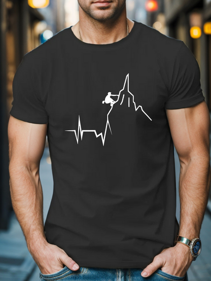 Men's Graphic T-Shirt Heartbeat Line With Mountain Silhouette And Rock Climber Figure