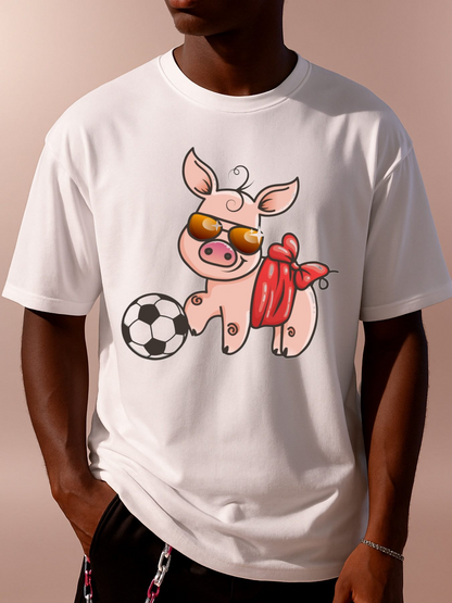 Men's Graphic T-Shirt Cartoon Pink Pig Wearing Sunglasses With Soccer Ball And Red Scarf