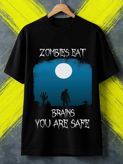 Men's Graphic T-Shirt Zombies Eat Brains You Are Safe Creepy Night Moonlight With Raised Hands Silhouetted Zombie Graveyard