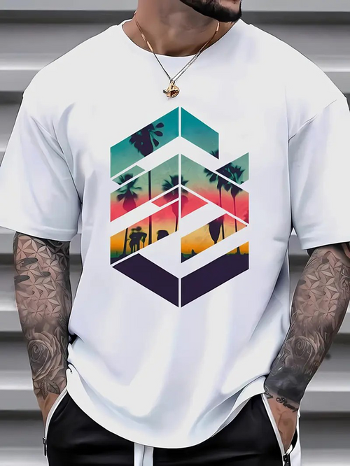 Men's Graphic T-Shirt Tropical Sunset Silhouettes With Geometric Chevron Pattern And Palm Trees