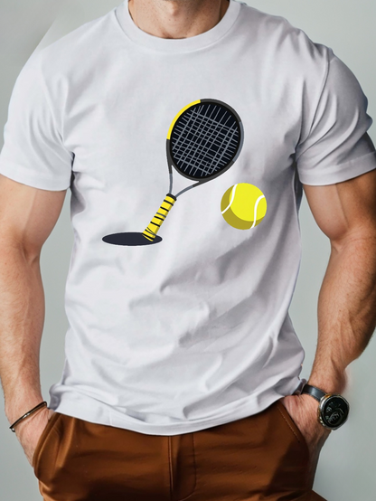 Men's Graphic T-Shirt Vivid Yellow Ball And Modern Racket On Sporty White Tennis