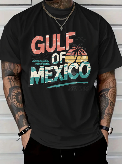 Men's Graphic T-Shirt Gulf Of Mexico Retro Sunset With Palm Tree And Wavy Water Scene