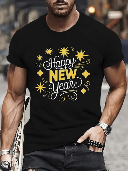 Men's Graphic T-Shirt Happy New Year With Golden Stars And Retro Lettering Fireworks
