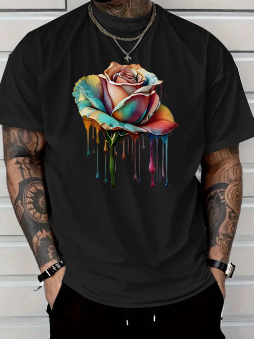 Men's Graphic T-Shirt Colorful Melting Effects With Shadows Dripping From Blooming Rose