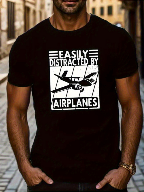 Men's Graphic T-Shirt Easily Distracted By Airplanes Flying Above Striped Background With Silhouette Of Airplane