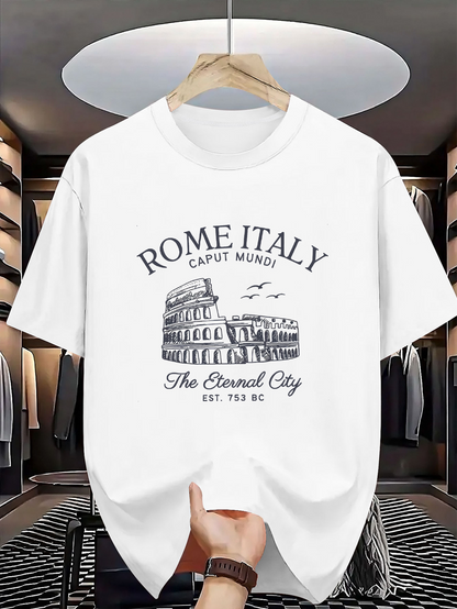 Men's Graphic T-Shirt Rome Italy Caput Mundi With Ancient City Sunrise Colosseum Sketch