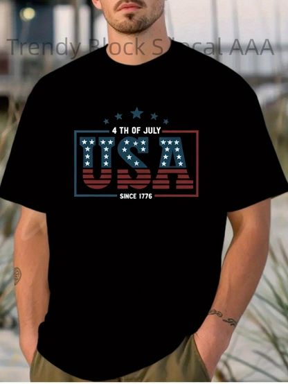Men's Graphic T-Shirt Fourth Of July American Flag Style Bold Lettering USA